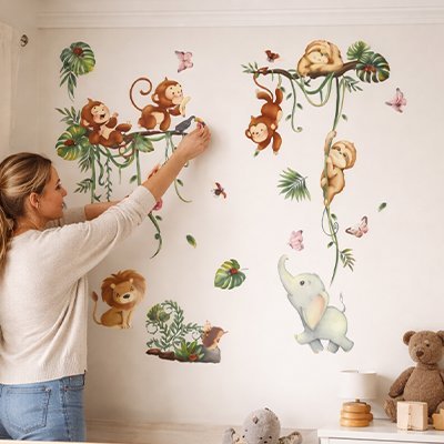 Stickers muraux chambre d'enfant sur thème de la jungle safari animaux sauvages Bébé Bambin - Bébé Bambin