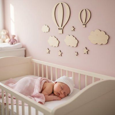 Stickers muraux en bois avec un design unique d'étoile, de nuage et de montgolfière - Le Monde de Charlo & Clara